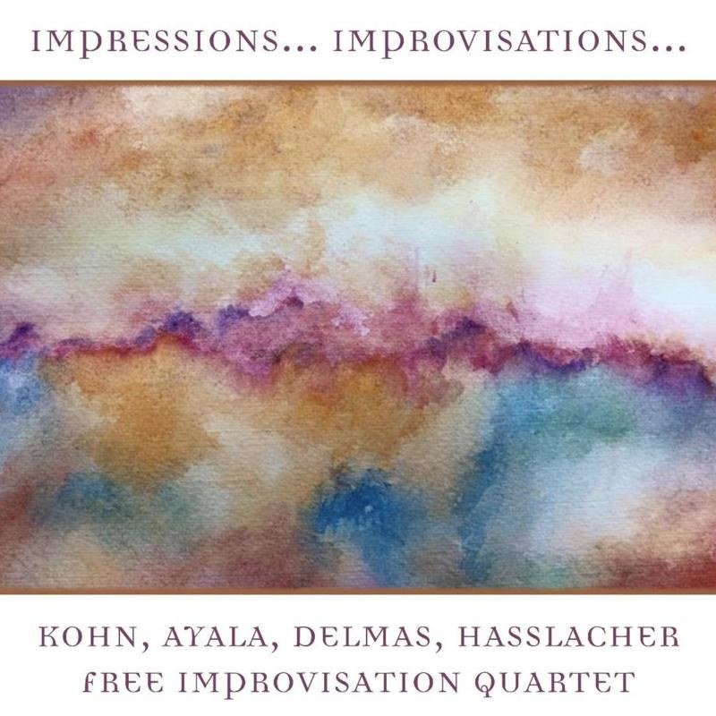 Album cover of Impressions... Improvisations...: a watercolour in ochre, pink and blue between the title and the names of the four musicians
