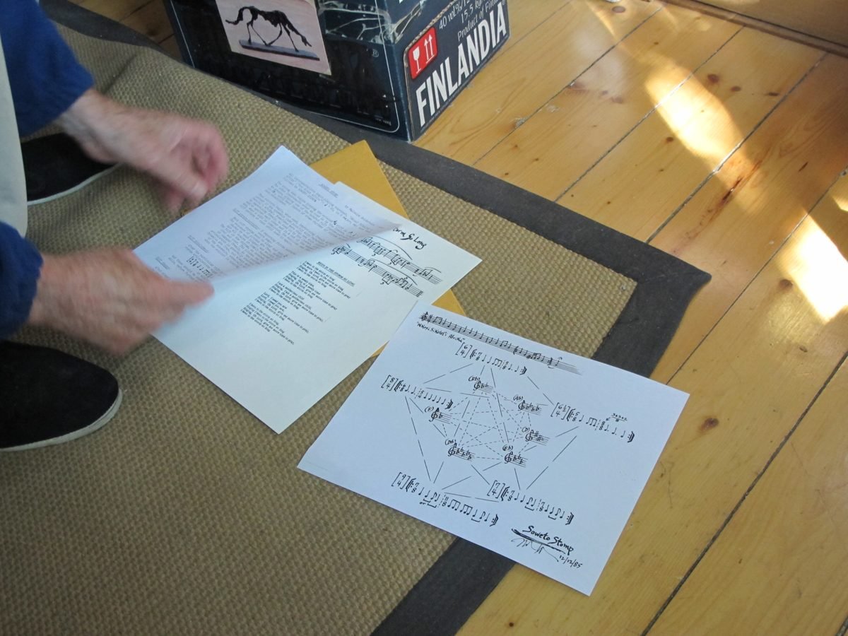 Hands holding a text score above a graphic score on the floor