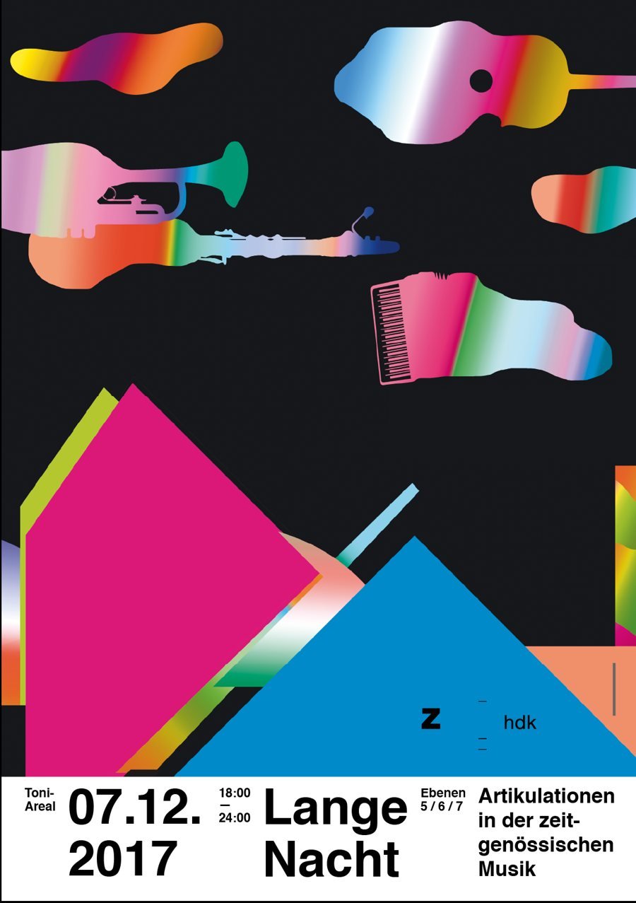 Poster of the Lange Nacht 2017: colourful silhouettes of instruments over pink and blue triangles, 07.12.2017, Toni-Areal