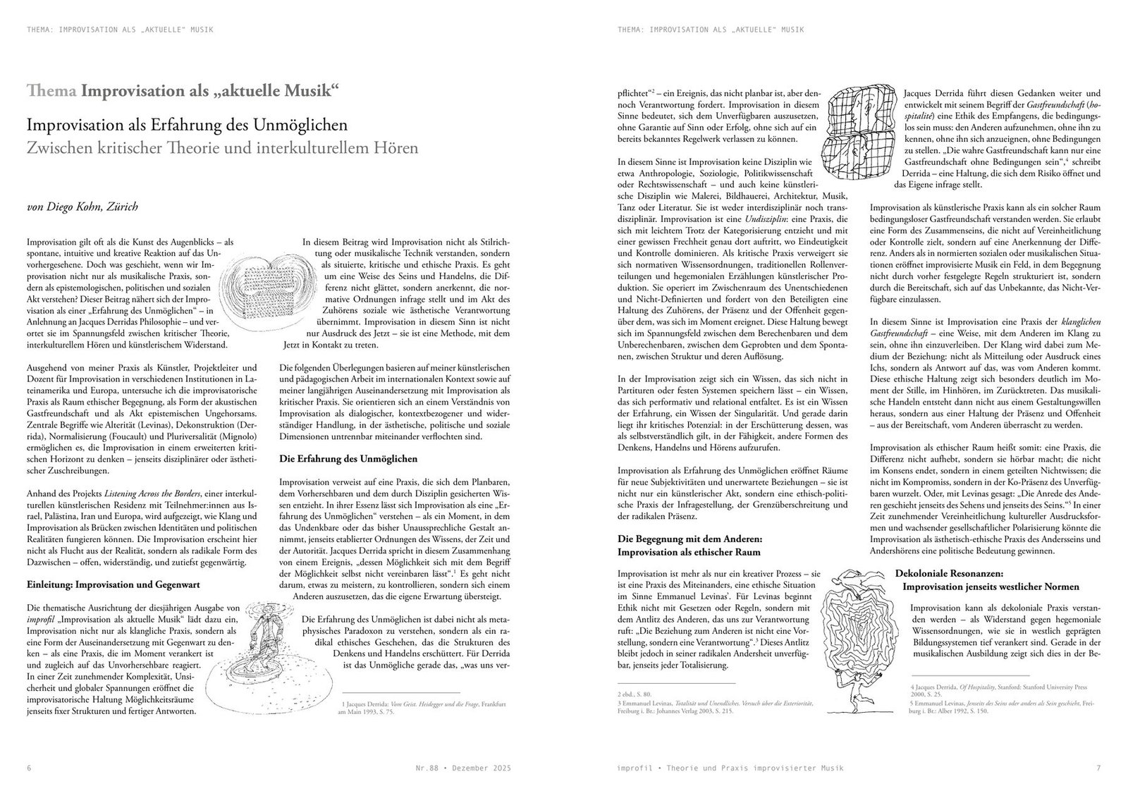 Opening pages of the article Improvisation als Erfahrung des Unmöglichen in improfil No. 88, with drawings by Fridhelm Klein
