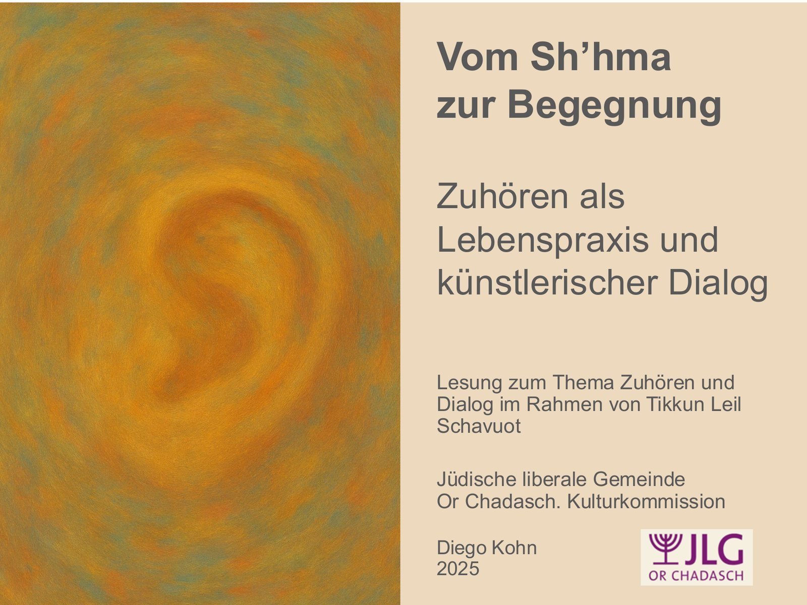 Title slide of the lecture Vom Sh’ma zur Begegnung, with a painted ear