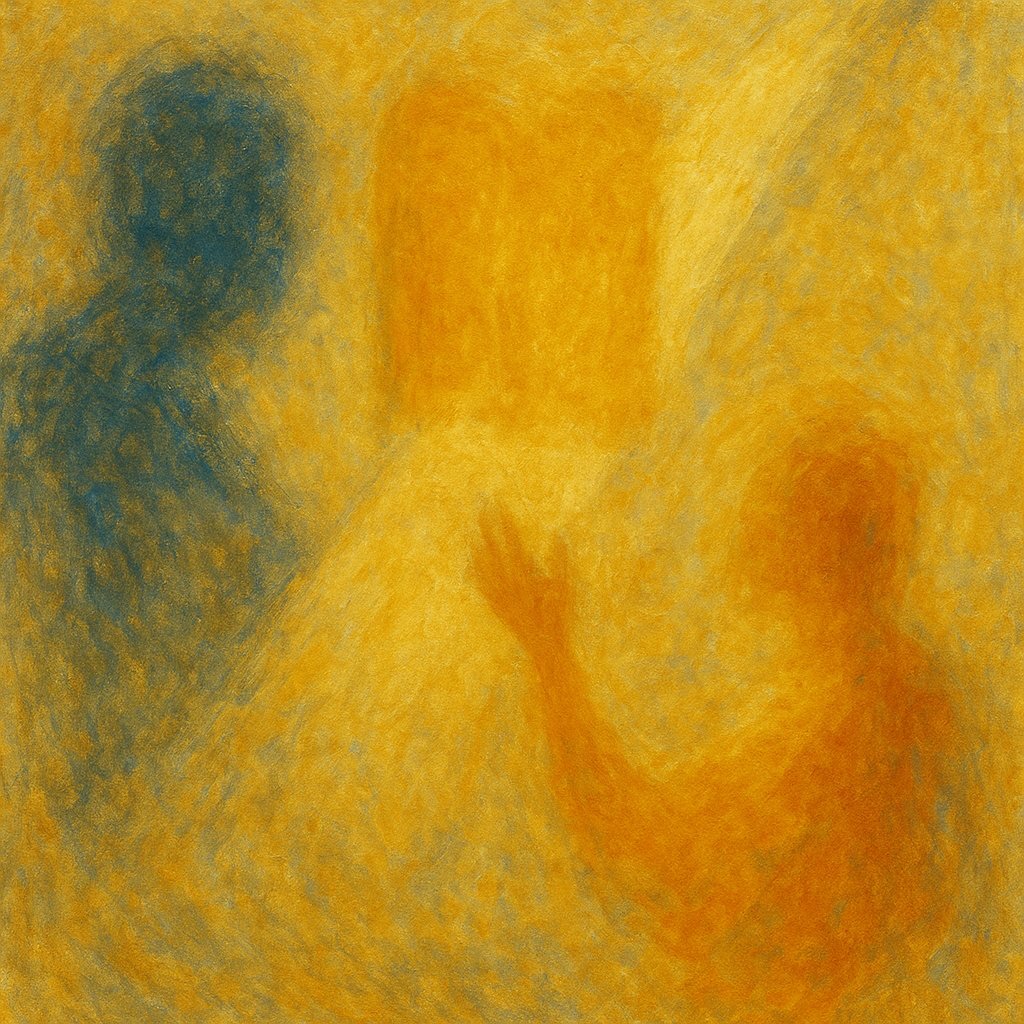 Painterly image of figures receiving the Torah in golden light